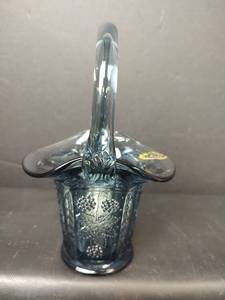 lot 84 image: Vintage Fenton Blue Basket With Handle, See Makers Mark