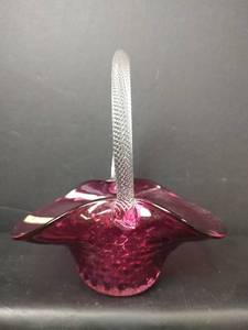 lot 88 image: Vintage Cranberry Ruffled Rim Basket with Clear Twisted Handle