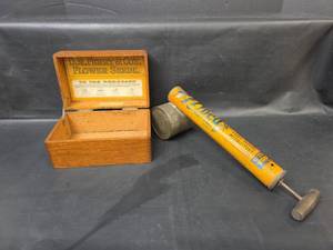 lot 107 image: D.M. Ferry & Cos Flower Seeds Wooden Display Box and Flyded Insect Spray Sprayer