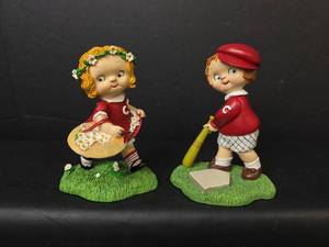 lot 119 image: Danbury Mint Campbell Kids Collector Figurines Picking Daisies (1997) and Little Slugger (1996)