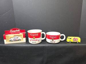 lot 129 image: Campbells Die-Cast VW Beetle & Bus with Soup Mugs
