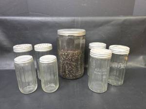 lot 152 image: Glass Hoosier Spice Jars - Coffee, Allspice, Cloves, Baking Powder, Cinnamon