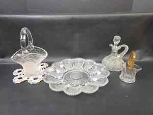 lot 154 image: Deviled Egg Plate, Two - Handled Baskets, Cruet with Stopper