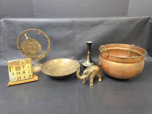 lot 158 image: Assorted Brass Collectibles and Copper Plant Hanger