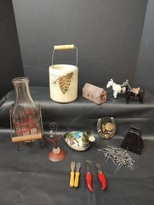 lot 203 image: Mixed Lot, Stintons Holland Dairy Milk Bottle with Holder, Horse Salt and Pepper Shakers, Horseshoe Nails, Cow Bell and More