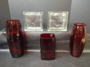 lot 212 image: Assorted Red Vases and Clear Blocks with Openings