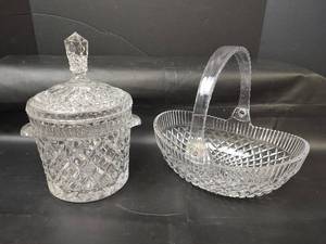 lot 213 image: Vintage Pressed Crystal Biscuit Barrel and Glass Basket