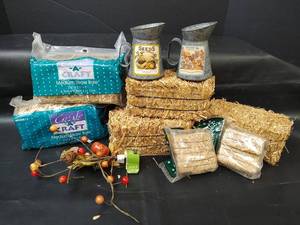 lot 222 image: Craft Straw Bales with Seed Cans and Decorative Accents