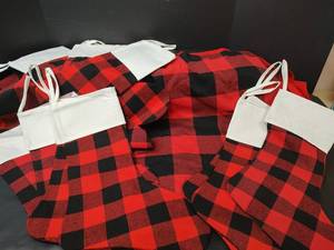 lot 245 image: Red Black Buffalo Check Tree Skirt and Stockings