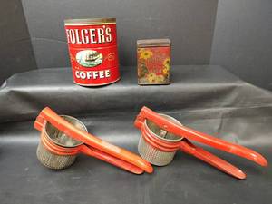 lot 255 image: Vintage Folgers Coffee and Tetleys Tea Tin, including Vintage Ricers
