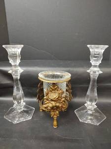 lot 265 image: Imperial Crystal Candlesticks including Ornamental Metal Mount with Crackle Glass Insert