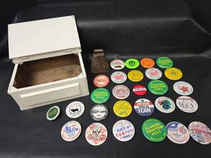 lot 271 image: Vintage Buttons, Cowbell and Storage Box