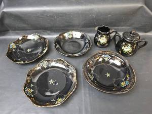 lot 272 image: Vintage Black Tableware with Hand-Painted Floral Decoration - Made in Japan (See pics of sugar Dish lid damage)