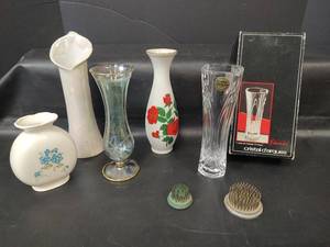 lot 275 image: Vintage Metal Flower Frogs, Cristal dArques Glass Vase with Assorted Vases