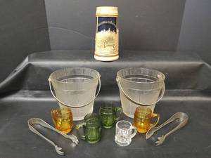 lot 276 image: Vintage German Beer Stein, Glass Ice Buckets with Serving Tongs and Beer Barrel Shot Glasses