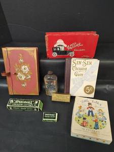 lot 303 image: Vintage Pink Metal Floral Box with VTG Containers and Boxes