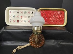lot 309 image: Vintage Amber Glass Wall Base Plug In Lamp, Tested and 14 x 9 Metal Lap Trays