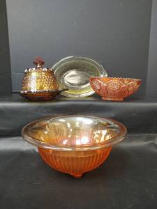 lot 312 image: Vintage Northwood Marigold Carnival Glass Butter Dish and Depression Glass Bowls