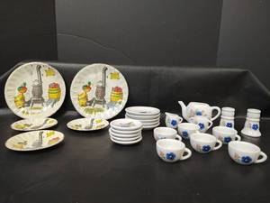 lot 332 image: Vintage Tin Home Sweet Home Play Set Plates and Porcelain Childrens Tea Set, Made in Japan