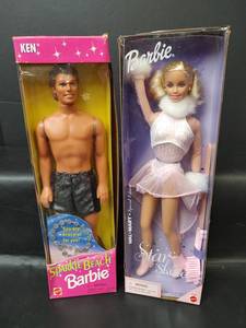 lot 350 image: NIB Vintage Mattel Dolls, 1995 Ken Sparkle Beach Barbie and 2000 Barbie Star Skater