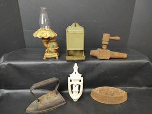 lot 358 image: Vintage Oil Lamp Style Lamp, Match Holder, Spigot, Sad Iron and Door Knocker
