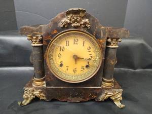 lot 360 image: Antique Cast Metal Mantel Clock with Glass Door