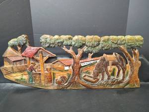 lot 365 image: Wood Carved Relief Farm Scene Plaque with Horse and Well, Viva El Salvador