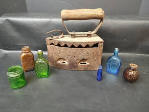lot 367 image: Vintage Sad Iron with Wooden Handle plus Small Glass Bottles