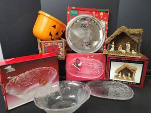 lot 373 image: Mikasa Crystal Holiday Glass Bowl and Plate, Seasons Greetings Silver Tray, Nativity Set and More