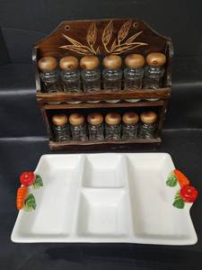 lot 378 image: Two-Tier Wood Spice Rack with 12 Glass Jars and Divided Serving Tray, 12 x 8