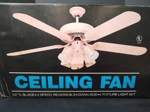 lot 385 image: NIB 52 in Ceiling Fan, 5 Blade, 3 Speed, Reversible, 4 Light Kit, Peach Colored