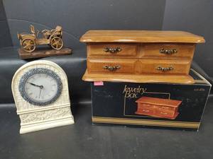 lot 387 image: Jewelry Armoire, Clock and Metal Car on Wood Base