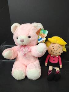 lot 399 image: New Pink Plush Teddy Bear  and Yellow-Haired Doll