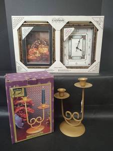 lot 409 image: NIB Cannon Quartz Clock and Picture Frame Set with Double Candleholder