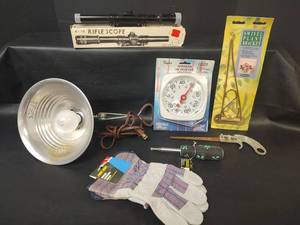 lot 411 image: Mixed Lot 4x15 Rifle Scope, Taylor Thermometer, Plant Bracket, Gloves and Clamp Lamp