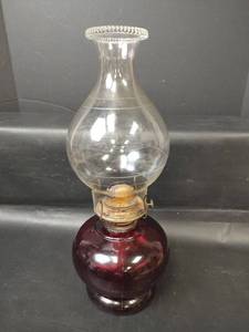 lot 412 image: Vintage Oil Lamp with Dark Red Glass Base and Chimney with Etched Owl