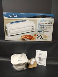 lot 413 image: NIB Rival SEAL-a-meal Gourmet Vacuum Food Sealer VS110 and Seal a Meal Canister with Bottle Stoppers