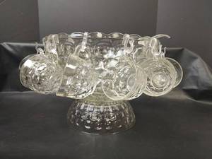 lot 420 image: Vintage Federal Glass Clear Punch Bowl Set with Cups and Ladle