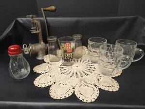 lot 424 image: Vintage Lot, Homemade Doily, Nut Grinder, Meat Grinder, Glass Mugs, Milk Bottles and Dr Pepper Glass