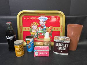 lot 444 image: Advertising Items Campbells Tray, Coca-Cola Bottle, Hersheys Cocoa Tin, Playtex Bottle Inserts, and More