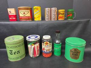 lot 445 image: Assorted Tins, Jars and Containers - Schilling, Peanut Roaster, TreeSweet, Polly Allen