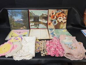 lot 449 image: 3 Boxed Embroidered Handkerchief Sets with Crocheted Pieces