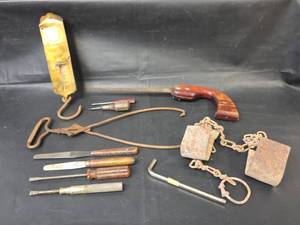 lot 457 image: Frarys Improved Spring Balance Scale with Assorted Hand Tools
