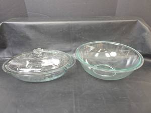 lot 458 image: Clear Glass Oval Baking Dish Floral Embossed and Round Glass Pyrex Bowl