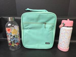 lot 459 image: Lunch Bag, Rainbow Water Bottle, and  Floral Bottle
