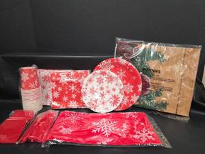 lot 466 image: 20ct Place Settings Snowflake Christmas  Party Supplies Set Cups Plates Napkins Utensils Tablecloth and Vinyl Christmas  Photography Background Drop