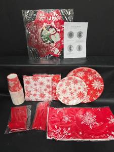 lot 467 image: 20 Place Settings Christmas Snowflake Party Tableware Lot with Plates, Napkins, Cups, Tablecloth and Metal Christmas Wind Spinner