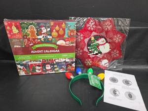 lot 471 image: Christmas Lot 1008 Pc Advent Calendar Jigsaw Puzzle, Wind Spinner,  Light up Headband