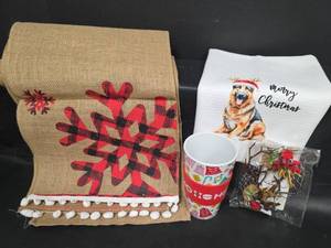lot 474 image: Christmas Decor Lot Burlap and Snowflake Table Runner, Dog Dish Towel, Mug, Reindeer Hair Clips