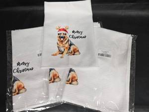 lot 477 image: 4ct Merry Christmas German Shepherd Print Kitchen Towels